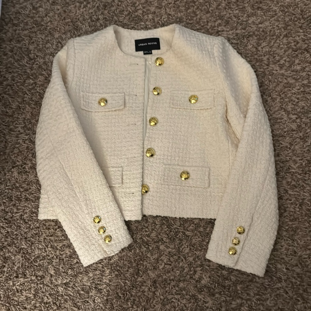 URBAN REVIVO Women's Casual Business Cropped Tweed Blazers Jacket with Pocket